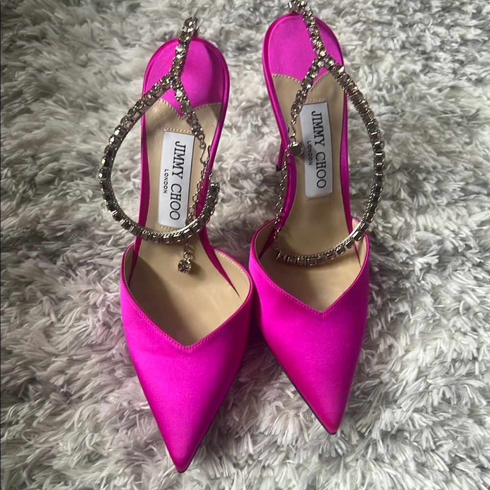 Jimmy Choo Pink Satin Heels with Crystal Strap